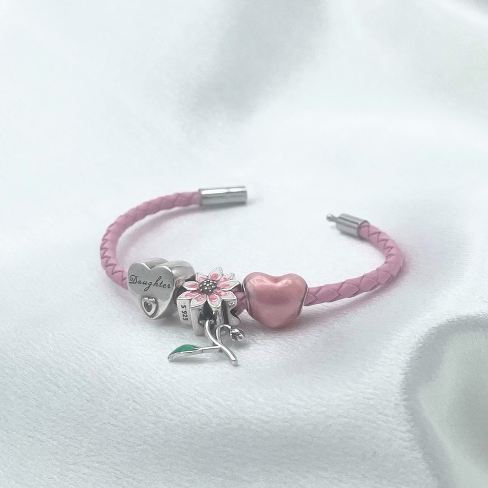 Linx Pink Leather Braided Leather Cord Bracelet with Daughter Themed Charms